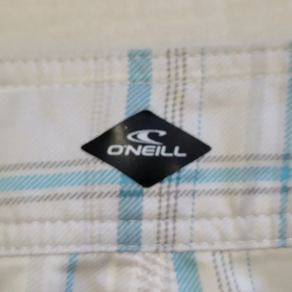 O'Neill Board Shorts Mens 34 White Blue Plaid Cargo Pocket Surf Beach Quick Dry